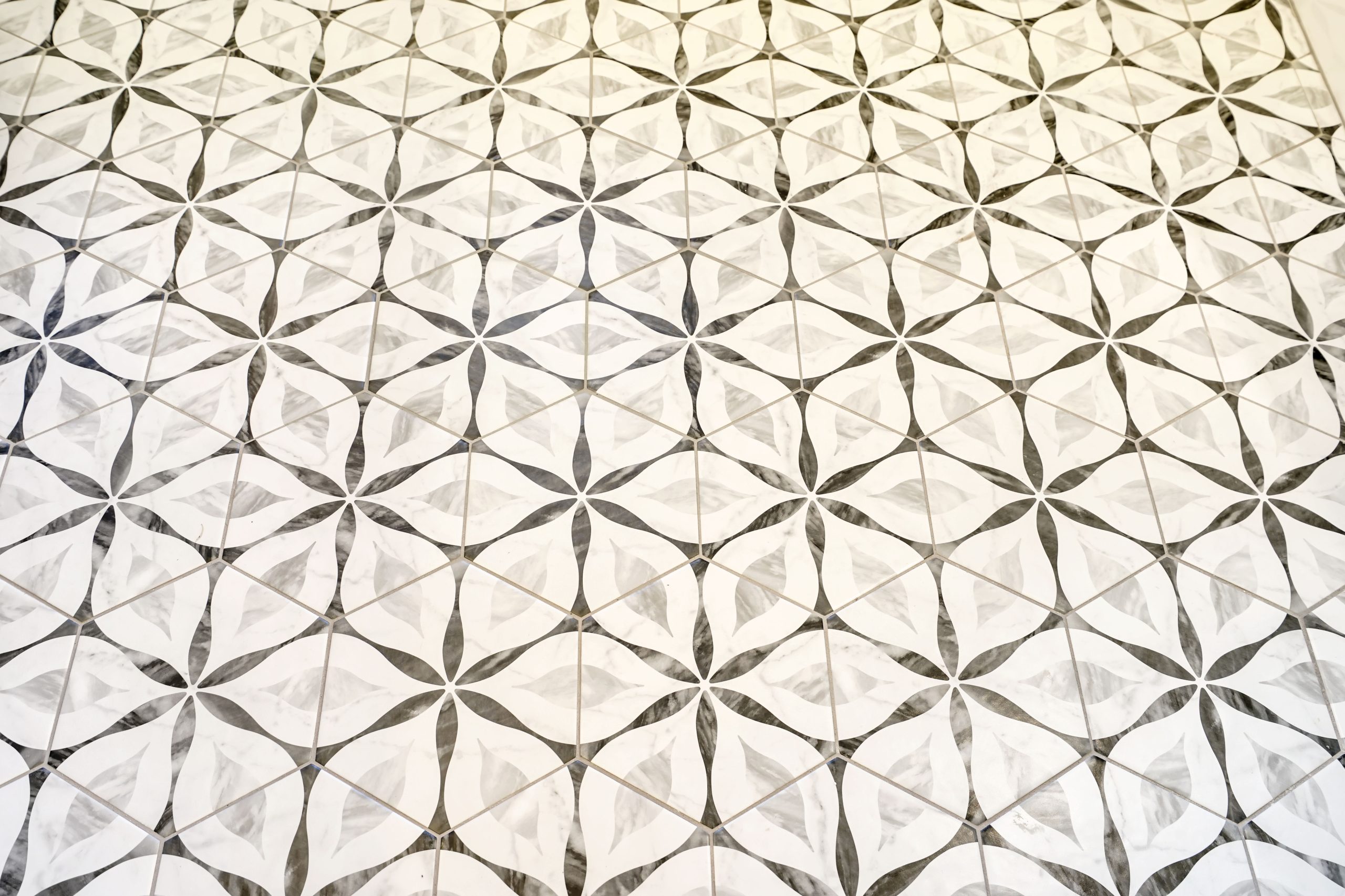 A tiled floor with a repeating geometric pattern of interlocking black and white circles and diamond shapes, creating a floral-like design.